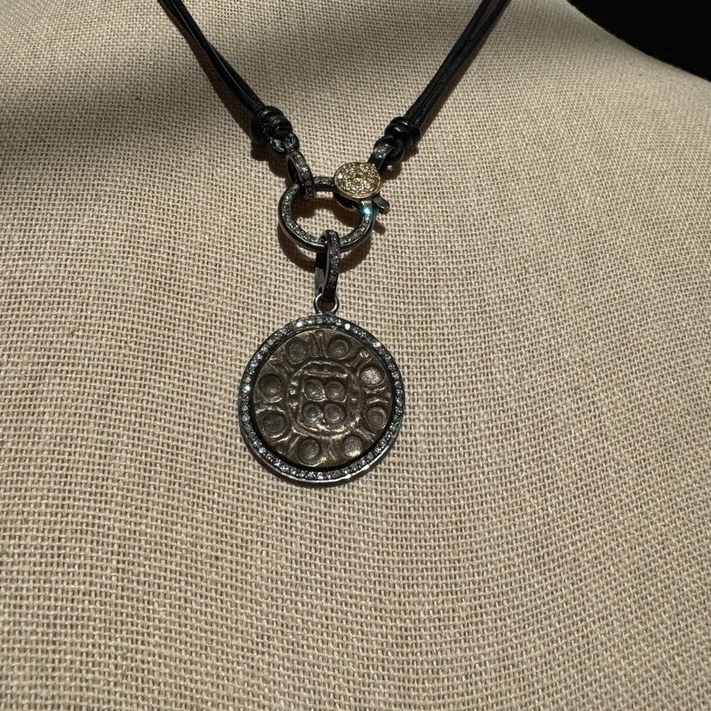 14k Gold, Sterling Silver, Natural Diamond, leather Chord Necklace - Picture 6 of 10